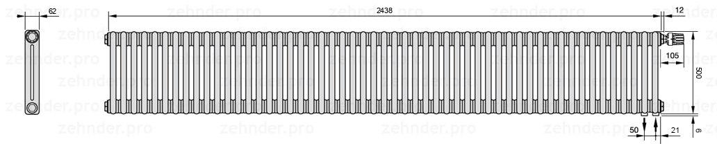 Схема (чертеж) Радиатор Zehnder Charleston 2050/53 №V002 Белый глянцевый RAL 9016